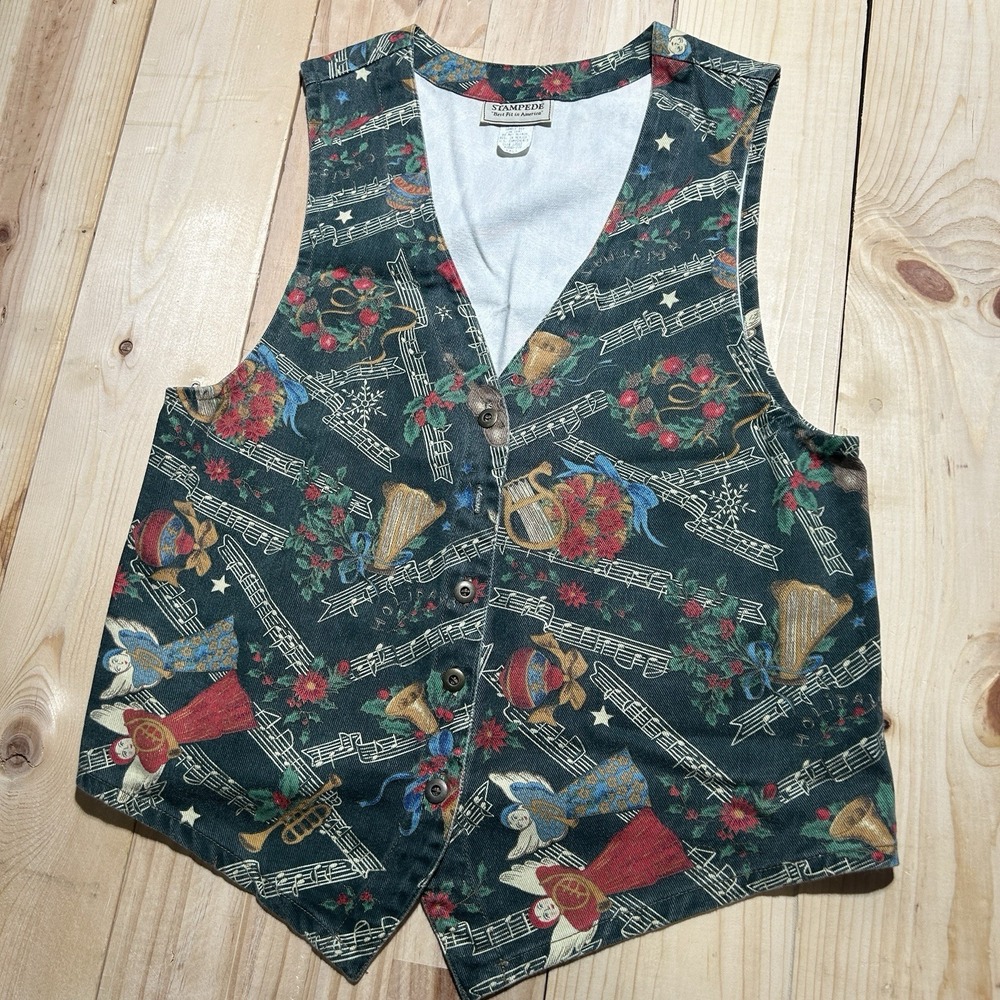 Stampede Women's Christmas Vest Singing Angels Choir 100% Cotton Twill Sz Small